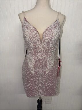 Embellished Pink Sequin Mini Dress with V-Neck